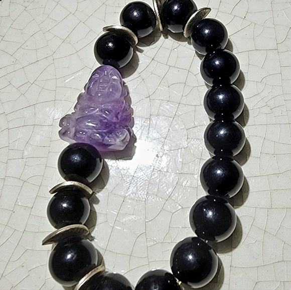 Amethyst carved buddha onyx with gold wave discs stretch gemstone bracelet - Picture 2 of 3